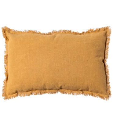 Coussin lin et coton jaune moutarde à franges 30x50cm