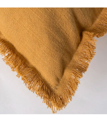 Coussin lin et coton jaune moutarde à franges 30x50cm