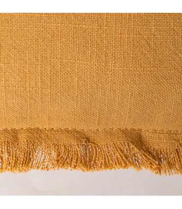 Coussin lin et coton jaune moutarde à franges 30x50cm