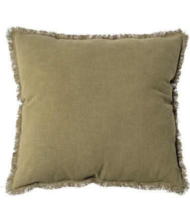 Coussin carré lin et coton vert à franges 40x40cm