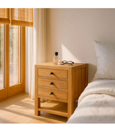 Table de chevet en bois de mindi 3 tiroirs 45x35x55cm