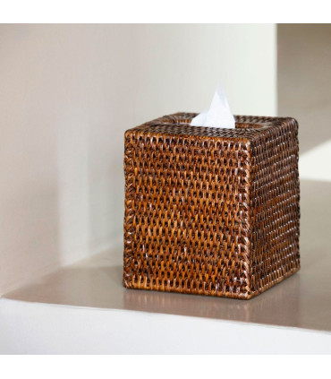 Boîte à mouchoirs carrée en rotin tressé brun 13x13x15cm