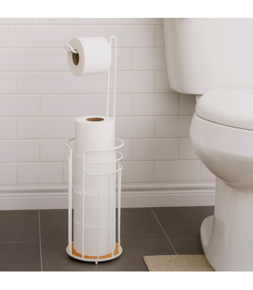 Dérouleur papier toilette en métal blanc et bambou 16x16x60cm
