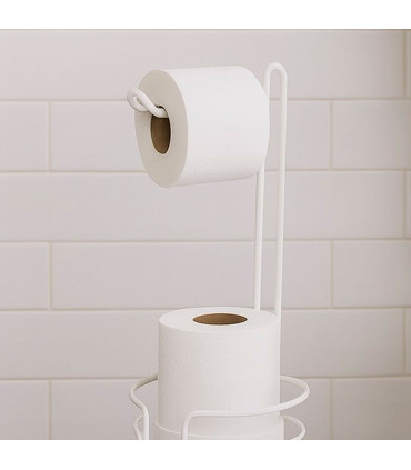 Dérouleur papier toilette en métal blanc et bambou 16x16x60cm