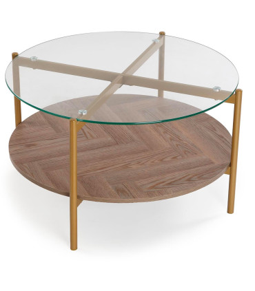 Table basse ronde 2 plateaux bois et verre 80x80x45cm