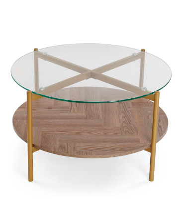 Table basse ronde 2 plateaux bois et verre 80x80x45cm
