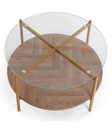 Table basse ronde 2 plateaux bois et verre 80x80x45cm