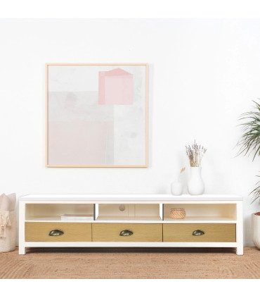 Meuble de télévision bois et blanc 3 tiroirs 158x40x47cm