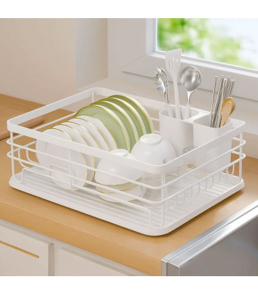 Égouttoir à vaisselle métal blanc avec plateau plastique 42x31x14cm