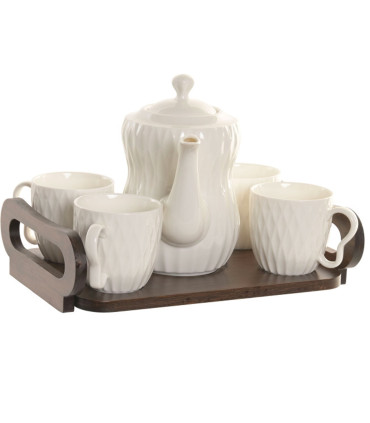 Set de 4 tasses porcelaine blanche avec plateau bambou 28x23x19cm