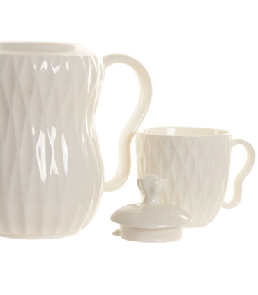 Set de 4 tasses avec théière porcelaine blanche et plateau bambou 28x23x19cm