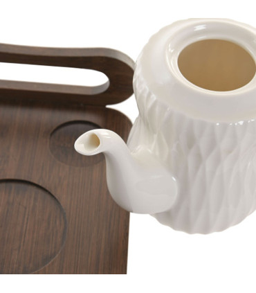 Set de 4 tasses avec théière porcelaine blanche et plateau bambou 28x23x19cm