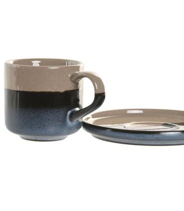 Tasse à café et dessous de tasse porcelaine émaillée bleu et beige 130ml