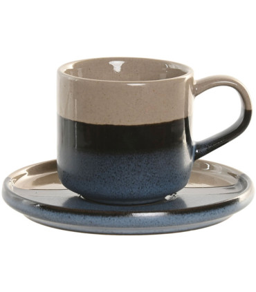 Tasse à café et dessous de tasse porcelaine émaillée bleu et beige 130ml