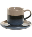 Tasse à café et dessous de tasse porcelaine émaillée bleu et beige 130ml