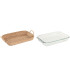 Glass oven dish with wicker handles for serving directly at the table