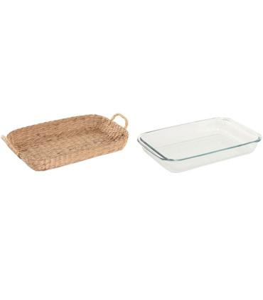 Glass oven dish with wicker handles for serving directly at the table
