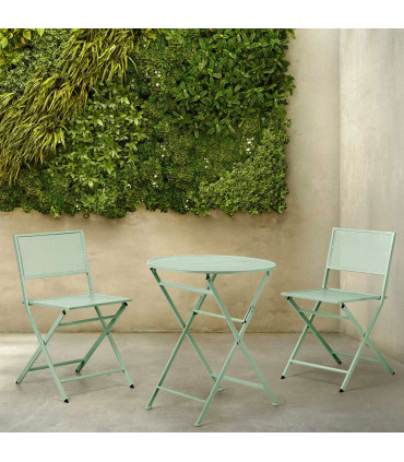 Set table + 2 chaises de jardin pliable en métal vert 60x60x70.5cm