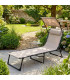 Bain de soleil métal noir et toile taupe + parasol et coussin 187x56x85cm