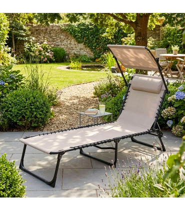 Bain de soleil métal noir et toile taupe + parasol et coussin 187x56x85cm