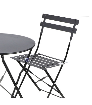 Set table + 2 chaises de jardin pliable en métal noir