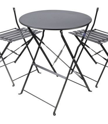 Set table + 2 chaises de jardin pliable en métal noir