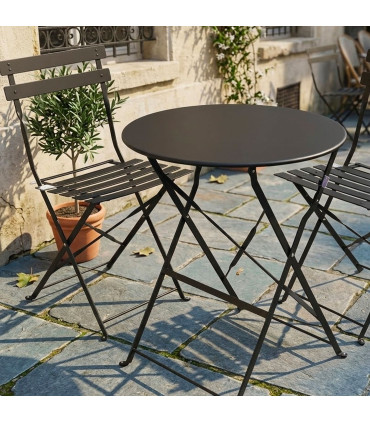 Set table + 2 chaises de jardin pliable en métal noir