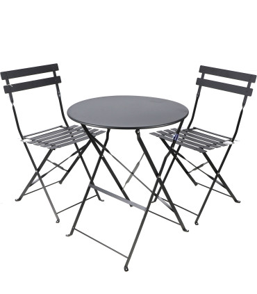 Set table + 2 chaises de jardin pliable en métal noir