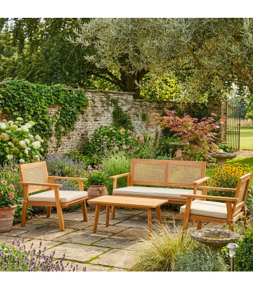 Salon de jardin bois d'acacia et cannage 2 fauteuils, 1 canapé, 1 table