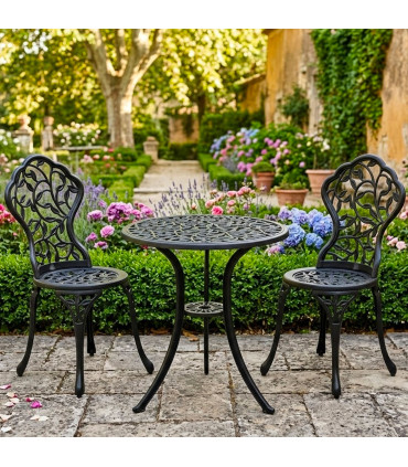 Black metal garden set table + 2 chairs