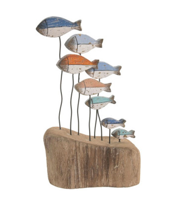 Décoration à poser banc de poissons multicolores en bois 14x7.5x24cm