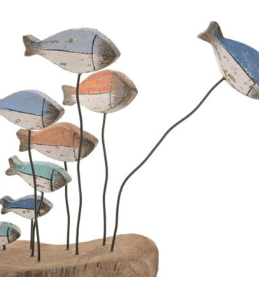 Décoration à poser banc de poissons multicolores en bois 14x7.5x24cm