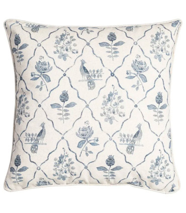 Coussin lin et coton bleu et blanc fleurs et oiseaux 45x45cm