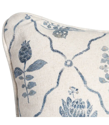 Coussin lin et coton bleu et blanc fleurs et oiseaux 45x45cm