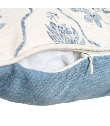 Coussin lin et coton bleu et blanc fleurs et oiseaux 45x45cm