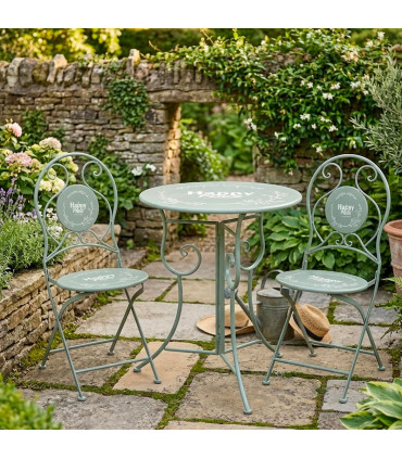 Set table + 2 chaises de jardin pliable en métal vert décoré