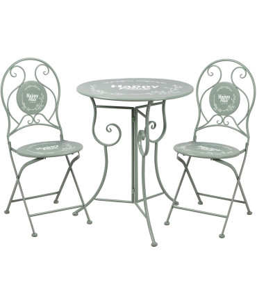 Set table + 2 chaises de jardin pliable en métal vert décoré