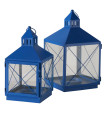 Set of 2 lanterns blue metal and glass