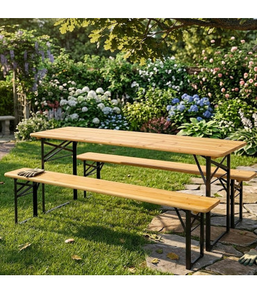 Black metal and Wood Foldable Garden Set Table + 2 benchs