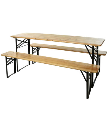 Black metal and Wood Foldable Garden Set Table + 2 benchs