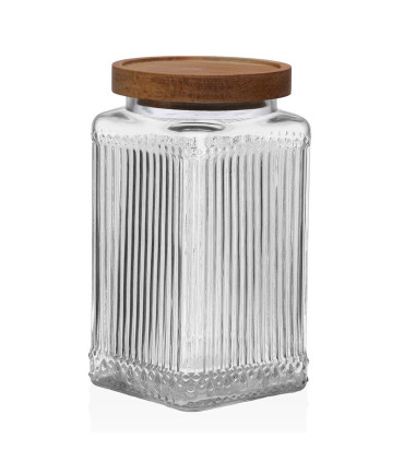 Bocal cuisine carré en verre strié bouchon acacia 980ml