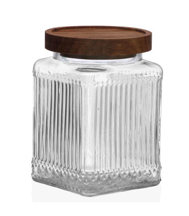 Bocal cuisine carré en verre strié bouchon acacia 730ml