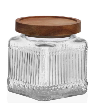 Bocal cuisine carré en verre strié bouchon acacia 520ml
