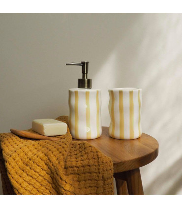 Distributeur de savon en céramique rayures jaune et blanc 8x8x17cm