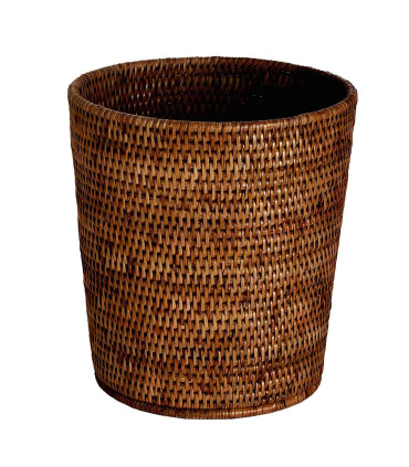 Poubelle ronde en rotin tressé marron foncé 27x27x30cm