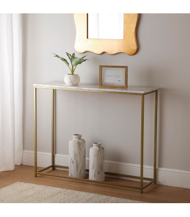 Console 2 plateaux effet bois et métal noir 106x35x81cm