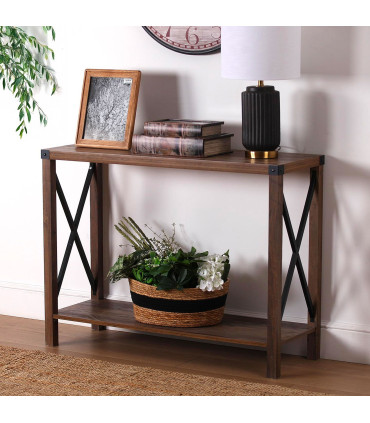 Console bois et métal noir 2 plateaux 100x35x76cm