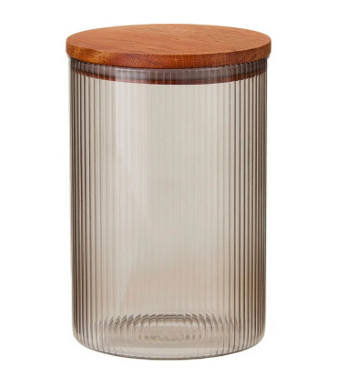Bocal cuisine en verre strié fumé avec bouchon acacia 1300ml