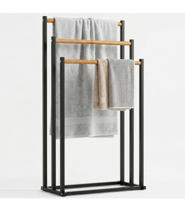 Black metal and bamboo towel holder 45x23x85cm