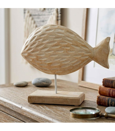 Statuette poisson en bois de mangue blanchi 15x7x22cm